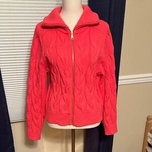Talbots Coral Orange Cable Knit Full Gold Zip Cardigan